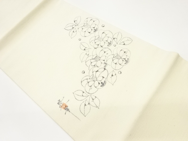 作家物　手織り紬手描き花々模様開き名古屋帯（額縁仕立て）